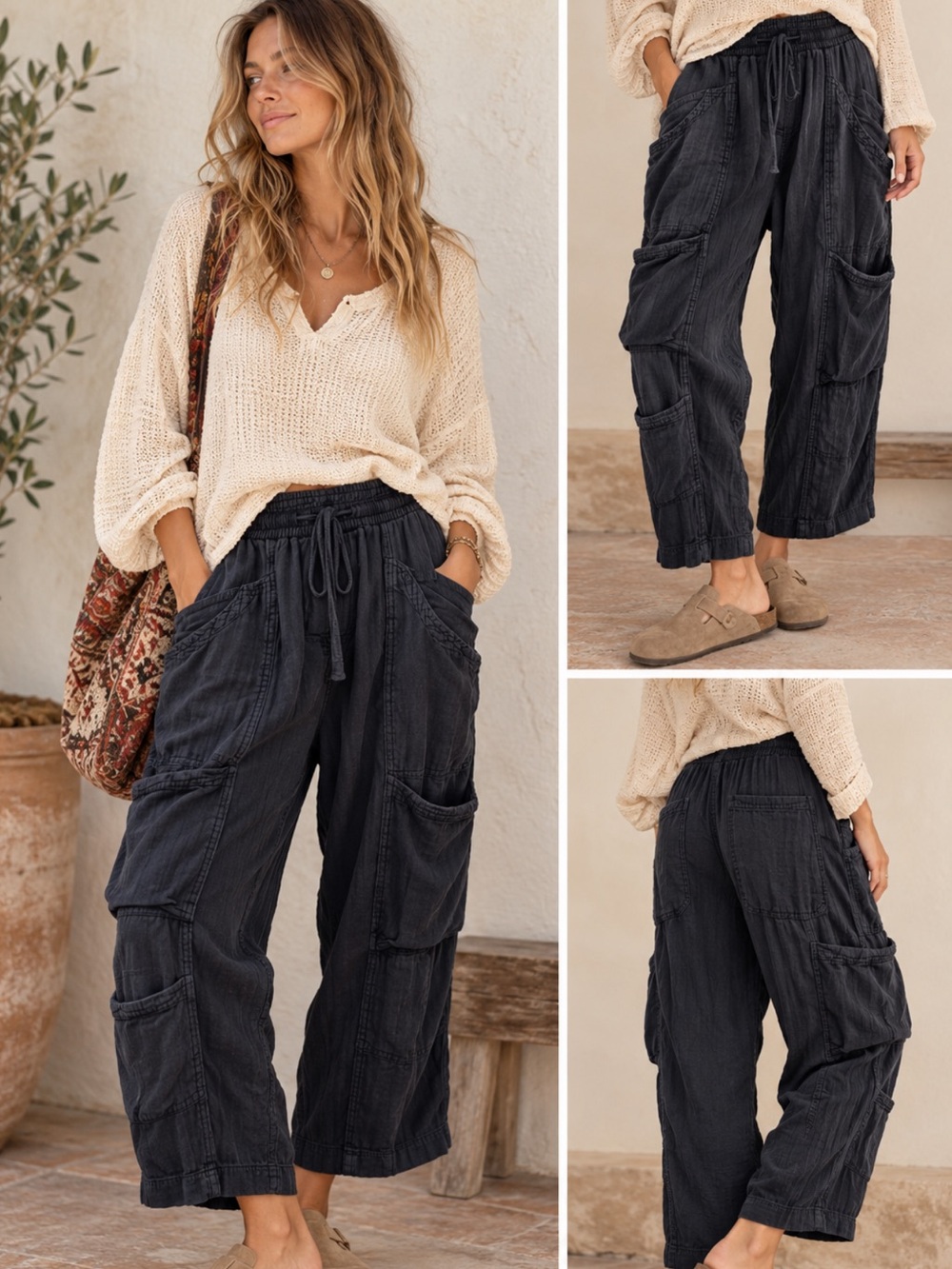 Free People Black Boho Utility Cargo Pants Relaxed Wide Leg Size M